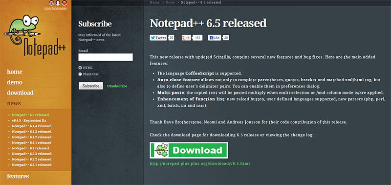 notepad++ 6.5 download page