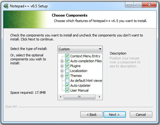 Notepad++ choose components