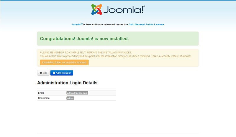 Joomla installation complete