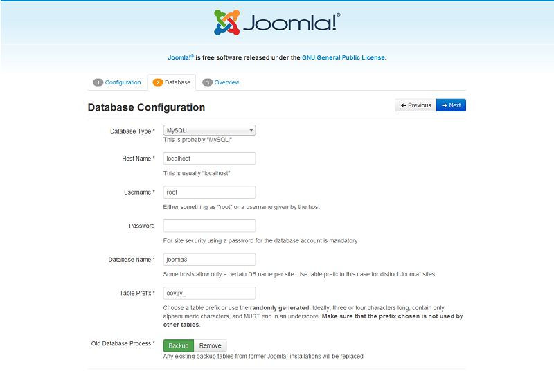 Joomla 3 database setting