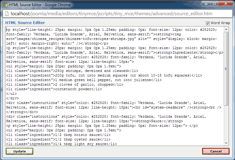 Joomla TinyMCE HTML code